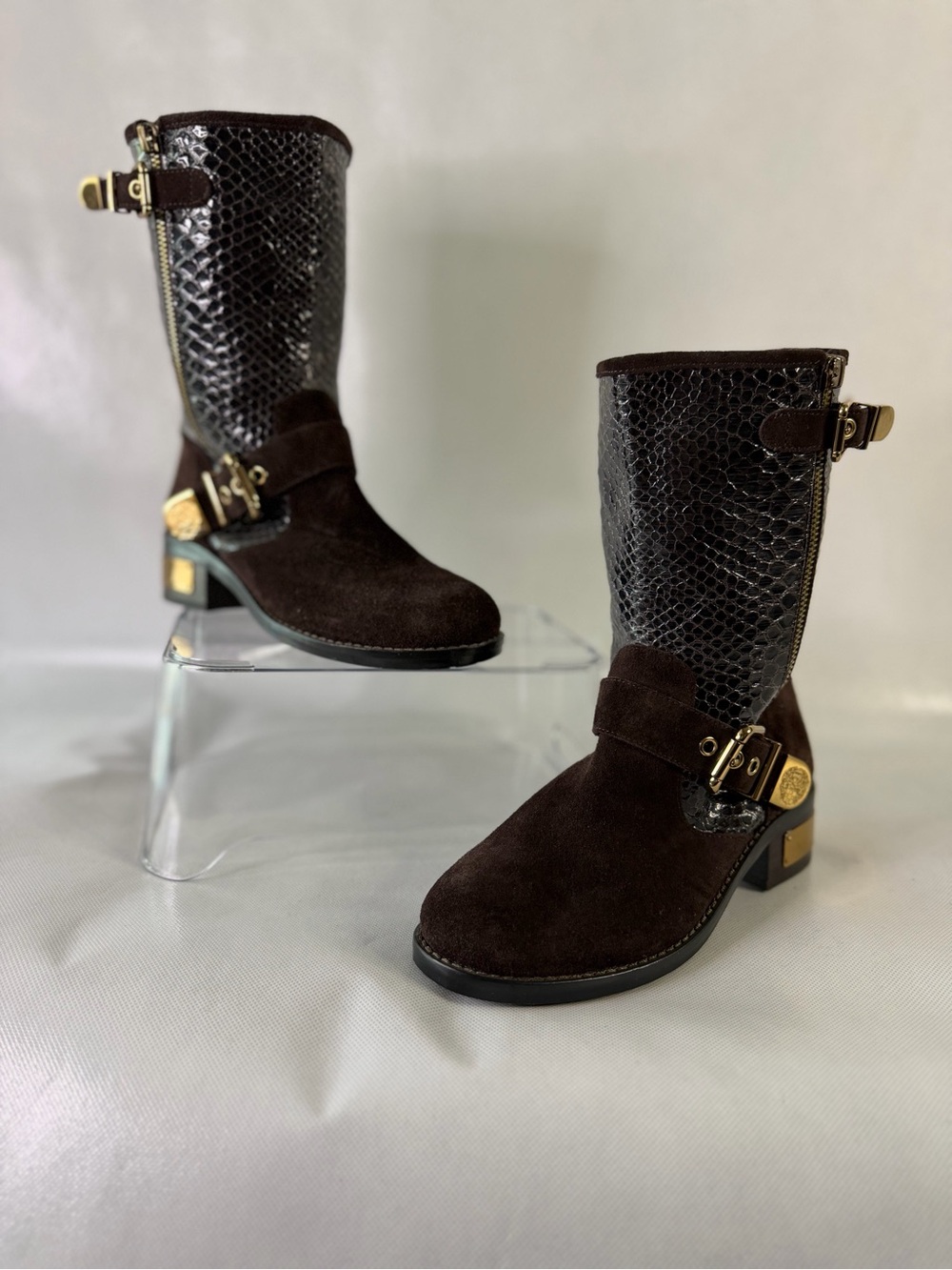 Vince Camuto Brown Suede & Snakeskin Moto Boots – Size 6 – NEW/UNWORN
